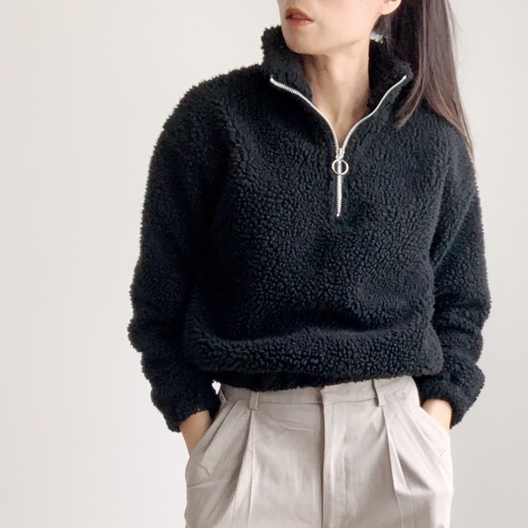 SHERPA HALF ZIP BOMBER SWEATER  - BLACK - Picture 2 of 14